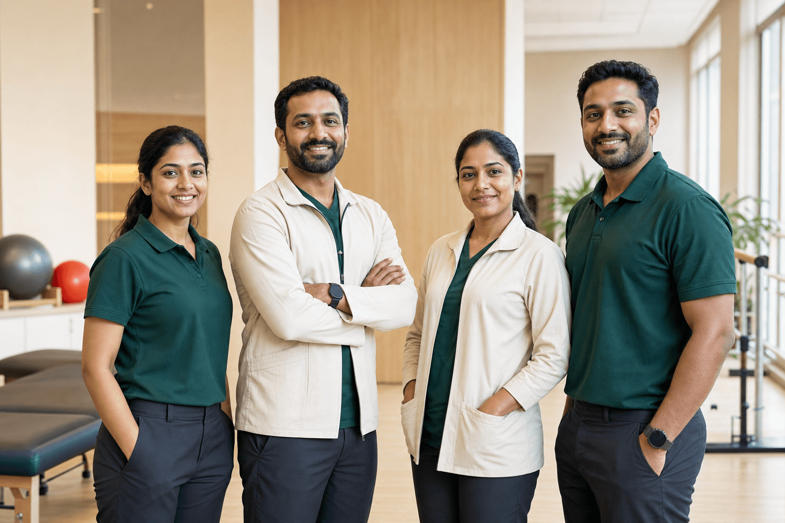 Illustrative healthcare and rehabilitation team in a modern center