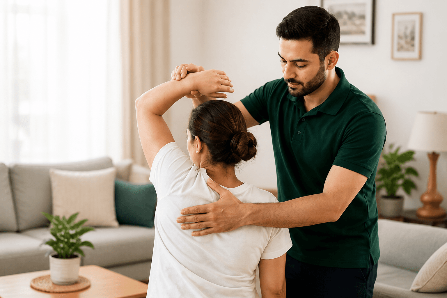 Physiotherapist guiding a patient during a home visit